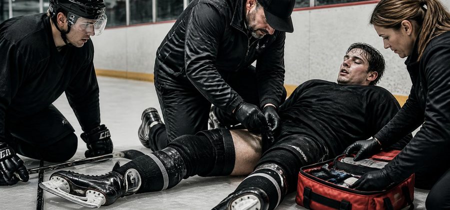 Illustration: a coach and athletic trainer treating an injured hockey player on the ice