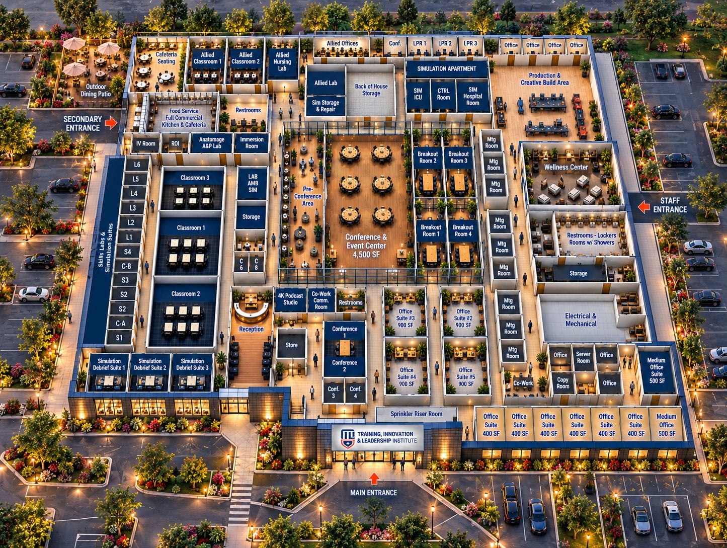 Aerial rendering of TILI NEXT at dusk showing the building interior, parking, and main entrance